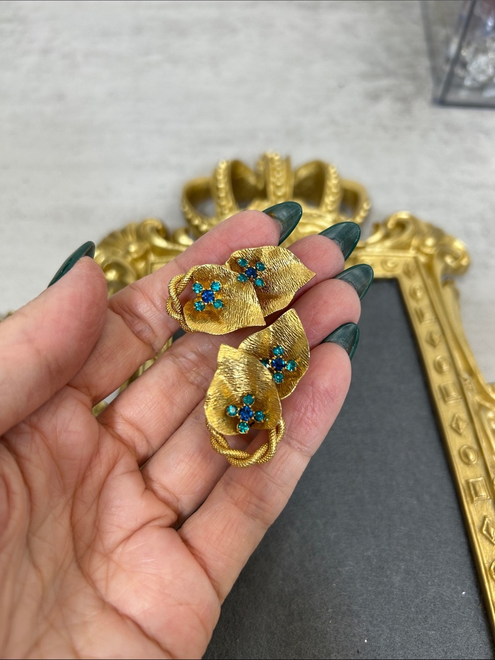 Vintage Gold Floral Leaf Clip-On Earrings with Teal Crystal Accents